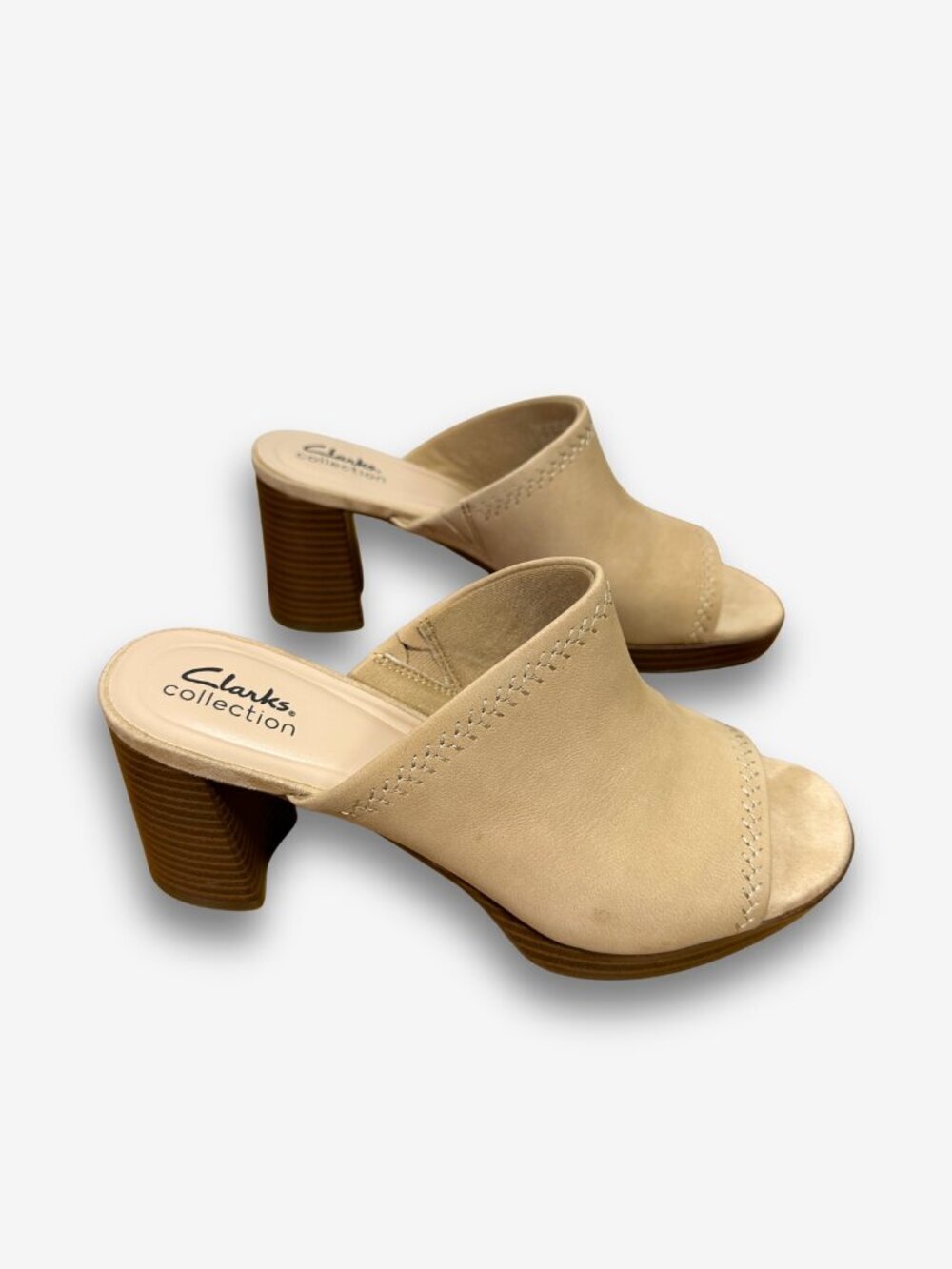 Clarks Leather Mule Heels Beige Block Sandals Comfort Slides 9.5 Neutral
